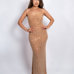 robe cocktail beige longue moulante