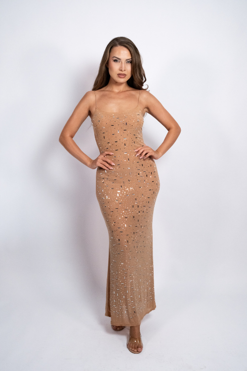 robe cocktail beige longue moulante